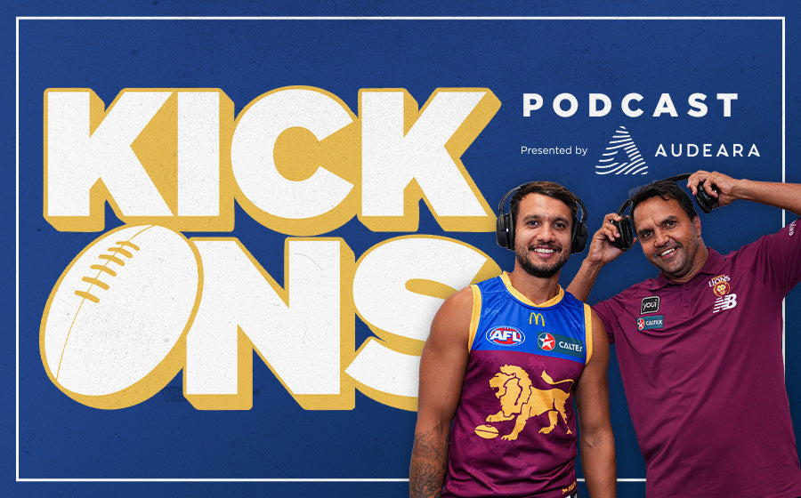 Title text reads "Kick Ons podcast presented by Audeara". Bottom right photo of the new hosts wearing Audeara headphones.
