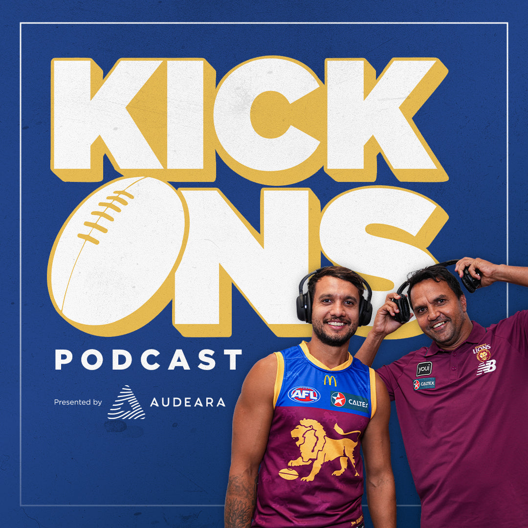 Title text reads "Kick Ons podcast presented by Audeara" next to the new hosts wearing Audeara headphones