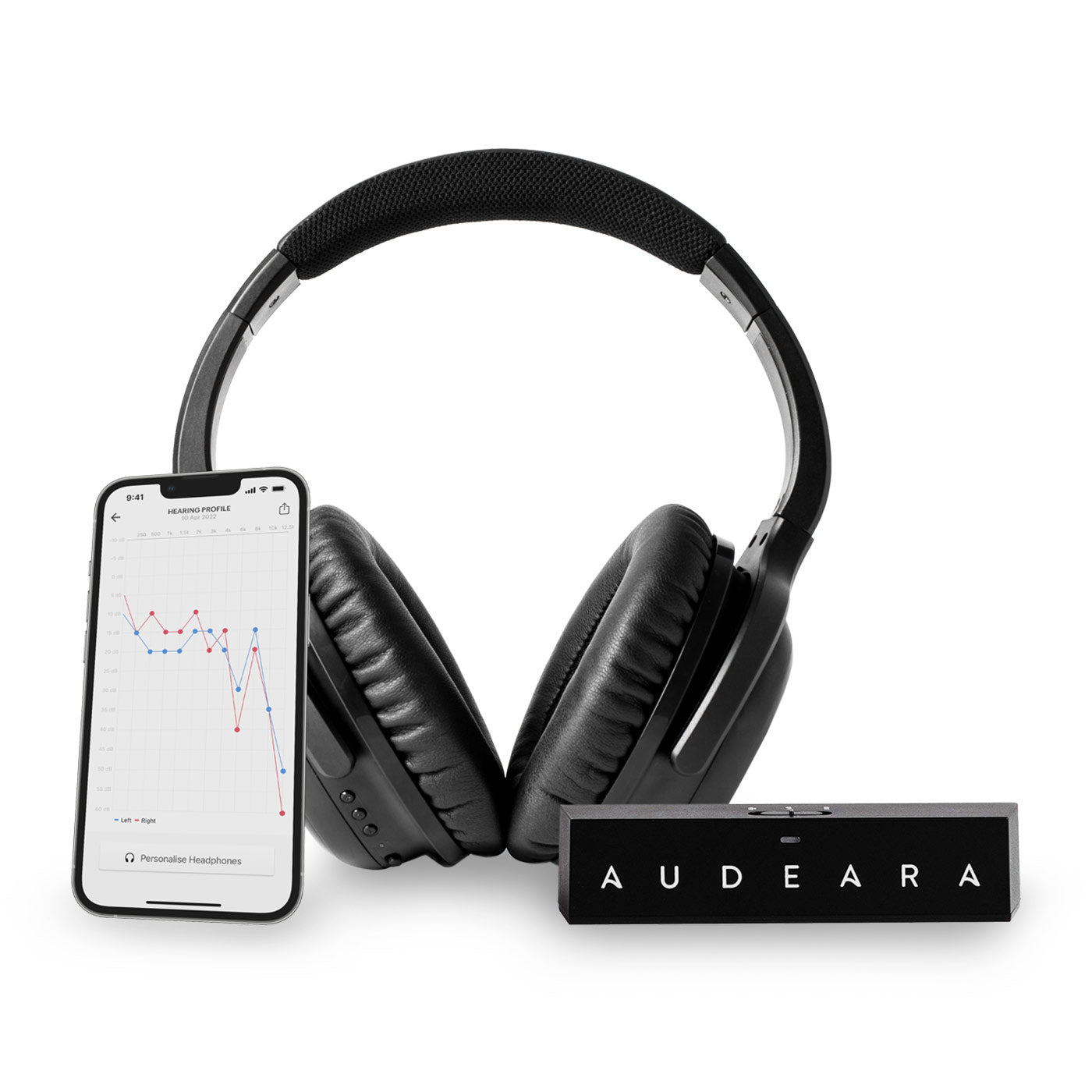 On a white background, from left to right: a phone with the Audeara App displayed on screen leant up against the A-01 headphones standing up right behind the BT-01 TV Transceiver